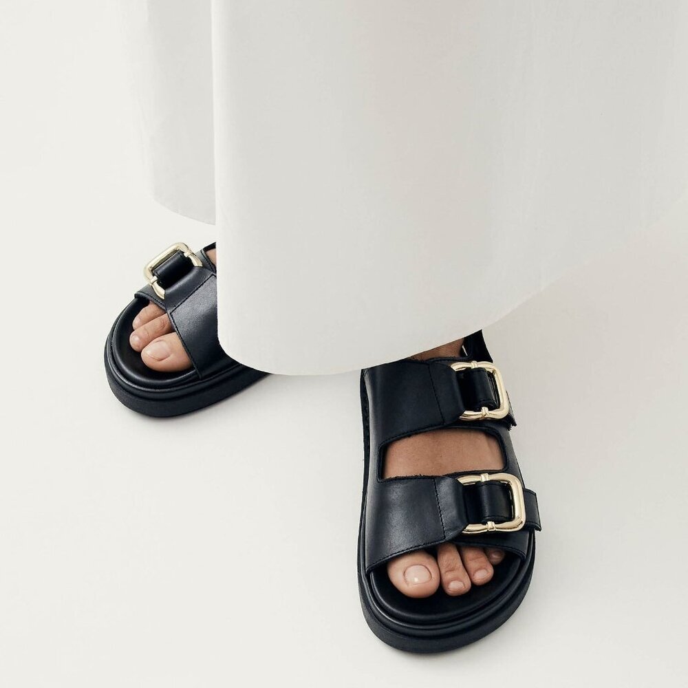 ALOHAS Black Leather Double-Buckle Sandals with Gold Hardware